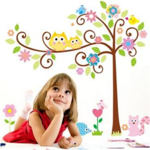 ZooYoo detská nálepka na stenu sovy na strome a zvieratká 110 x 120 cm