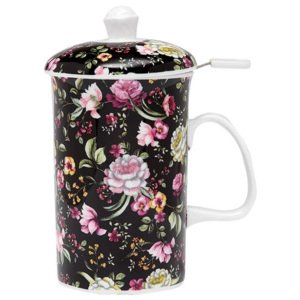 Hrnček z kostného porcelánu s pokrievkou a sitkom na sypaný čaj Ashdene Ebony Rose, 320 ml