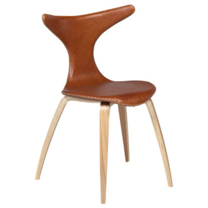 Hnedá kožená jedálenská stolička s prírodnou podnožou DAN–FORM Dolphin
