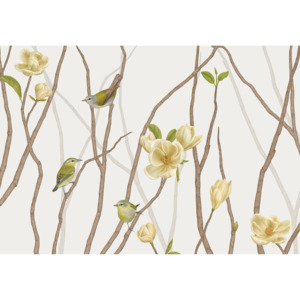 TENNESSEE WARBLER ON TWIG WITH MAGNOLIA – 100 x 50 cm