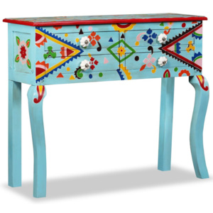 Konzolový stolík, pevné mangovníkové drevo, modrý, ručne maľovaný