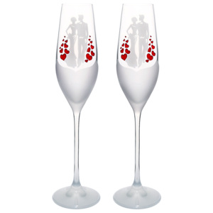 Poháre na šampanské Mladomanželia - červené srdcia (Pieskované poháre)