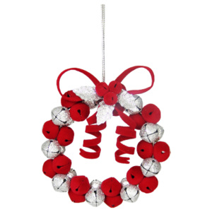 Vianočná dekorácia - červeno/strieborný kruh z rolničiek 9 cm, 1ks