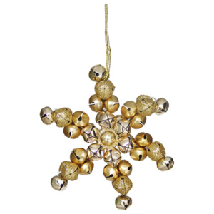 Vianočná dekorácia - zlatá vločka z rolničiek 11 cm, 1ks