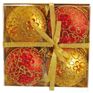 Vianočné gule - pp červeno/zlaté 100 mm - ploché, set 4ks