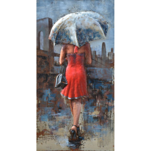 Kovový obraz - Červená Dáma v daždi II., 120x60 cm