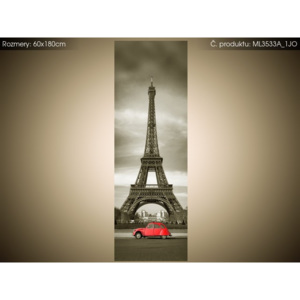 Magnetická fólia na chladničku Červené auto pred Eiffelovou vežou v Paríži 60x180cm ML3533A_1JO