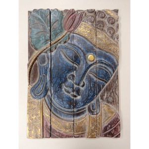 Obraz Budha hnedý - modrý, drevo, 45x32cm