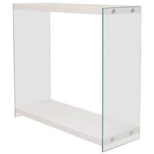 Konzolový stolík s policou, sklo a MDF, lesklý biely