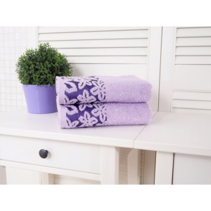 2x bavlnený froté uterák s kvetinovou bordúrou fialová 50x90