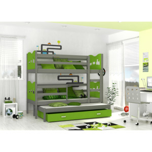 ArtAJ Detská poschodová posteľ Max 3 / MDF 190 x 80 cm Farba: Sivá / zelená 190 x 80 cm, Prevedenie: s matracom
