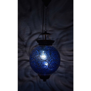 SB Orient Okrúhla sklenená lampa zdobená zlatými ornamentami, modrá, 25x35cm