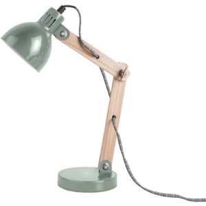 LEITMOTIV Stolná zelená lampa s dreveným ramenom Olge