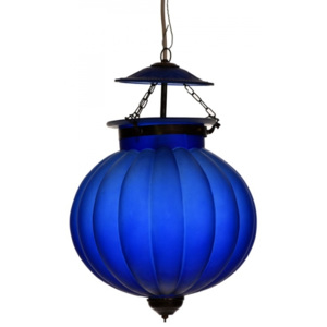 SB Orient Sklenená lampa, matne modrá, mosadzné prvky, priem. 30cm, výška 44cm