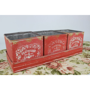 Červené hranaté plechové vintage kvetináče 3-set