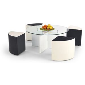 HALMAR Latoya okrúhly sklenený konferenčný stolík s taburetkami biely lesk / biela / čierna / priehľadná