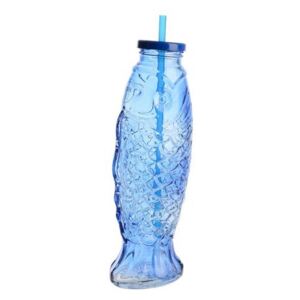 Sklenená fľaša so slamkou Fish modrá, 25,5 cm