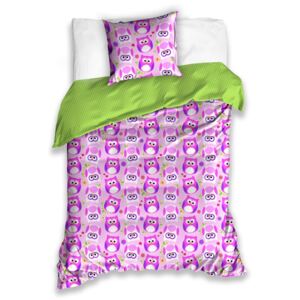 BedTex Detské bavlnené obliečky Sovičky fialová, 140 x 200 cm, 70 x 90 cm
