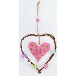 Drevená závesná dekorácia Srdce ružová, 20 cm