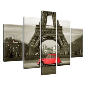Obraz s hodinami Červené auto pred Eiffelovou vežou v Paríži 150x105cm ZP3533A_5H