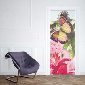 GLIX Fototapeta na dvere - Butterflies Palms Flowers Modern Tropical