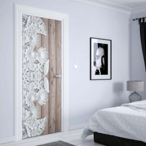 GLIX Fototapeta na dvere - Vintage Chic 3D Carved White Flowers Wood Plank Texture