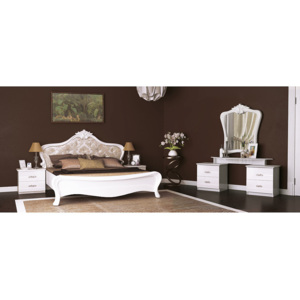 Spálňa MARSEILLE - posteľ 160x200+rošt+matrac MORAVIA+2x noč. stolík+toaletný stolík 4 š+zrkadlo, biala lesk