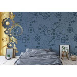 Fototapeta - Blue And Gold Floral Design Vliesová tapeta - 254x184 cm