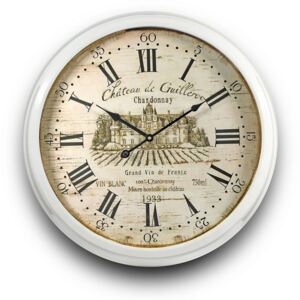 Vintage biele kovové nástenné hodiny "Chatean de Guillerov Chardonnay", 58x58x9 (86096)