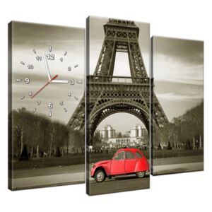 Obraz s hodinami Červené auto pred Eiffelovou vežou v Paríži 90x70cm ZP3533A_3C