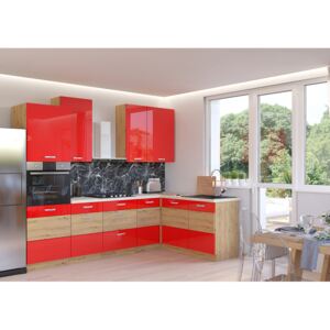 Kuchyňská linka rohová 260x160 cm červená/dub artisan MYSTIC