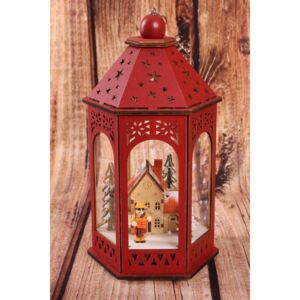 Drevený lampáš - Vianočná dedinka s LED osvetlením - červený 1. (16x14x29cm)