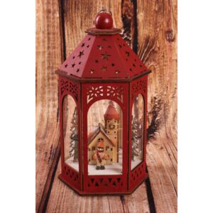 Drevený lampáš - Vianočná dedinka s LED osvetlením - červený 2. (16x14x29cm)