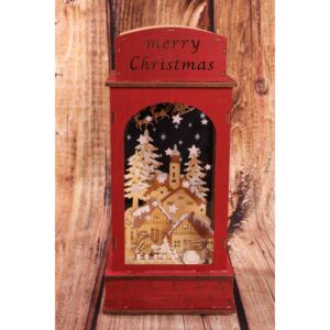 Drevený lampáš - Vianočná dedinka s LED osvetlením - červený 2. (15x15x32,5cm)