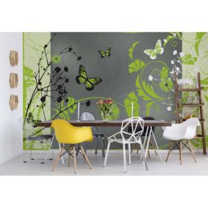 GLIX Fototapeta - Flowers And Butterflies Modern Design Green Vliesová tapeta - 312x219 cm