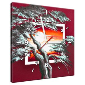 Tlačený obraz s hodinami Červený západ slnka a mohutný strom ZP4022A_1AI