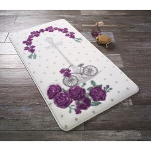 Biela predložka do kúpeľne s fialovými kvetinkami Confetti Bathmats Vintage Bike, 57 × 100 cm