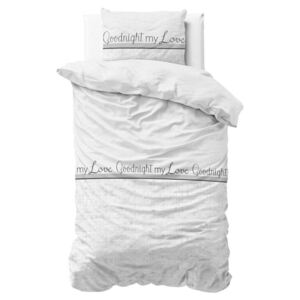Biele obliečky z mikroperkálu Sleeptime Goodnight my Love, 140 × 220 cm