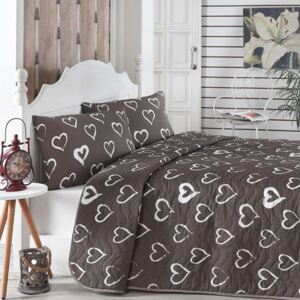 Hnedý prešívaný pléd cez posteľ s 2 obliečkami na vankúše Amor, 200 × 220 cm