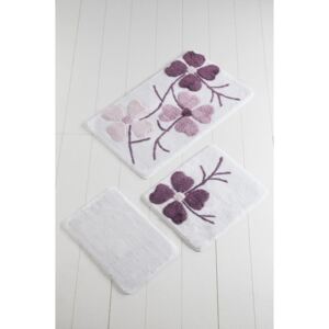 Sada 3 fialovo-bielych podložiek do kúpeľne Flowers