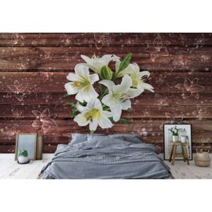 Fototapeta - White Flowers Wood Plank Texture Vliesová tapeta - 416x254 cm