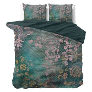 Bavlnené obliečky na dvojlôžko Pure Cotton Tiran Flower Green, 200 x 200 cm