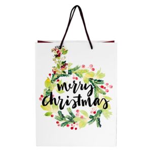 Biela darčeková taška Butlers merry christmas, výška 13,5 cm