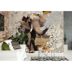 Fototapeta - Elephant Bursting Through Brick Wall Vliesová tapeta - 254x184 cm