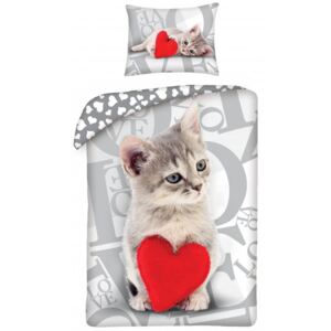 Halantex · Bavlnené posteľné obliečky ♡ LOVE ♡ s obrázkom roztomilého mačiatka - 100% bavlna - 70 x 90 cm + 140 x 200 cm