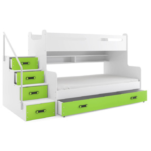 Poschodová posteľ XAVER 3 + ÚP + matrac + rošt ZADARMO, 120x200 cm, biela, zelená