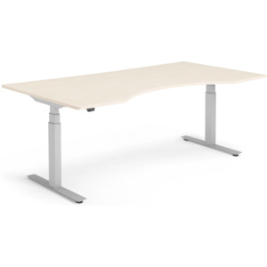 Výškovo nastaviteľný stôl Modulus, vykrojený, 2000x1000 mm, breza/strieb