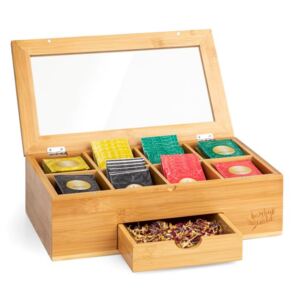 Klarstein Krabička na čaj s extra priehradkou, 8 vnútorných priehradiek, 120 čajových vrecúšok, plastové okienko, bambus