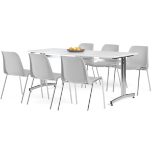 Jedálenská zostava 1x stôl Š 1800 x H 700, biela / chróm, 6x stolička sivá