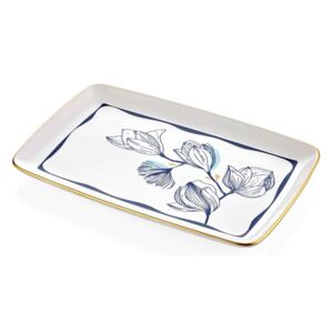 Biely porcelánový servírovací tanier s modrými kvetmi Mia Bleu, 34 x 25 cm